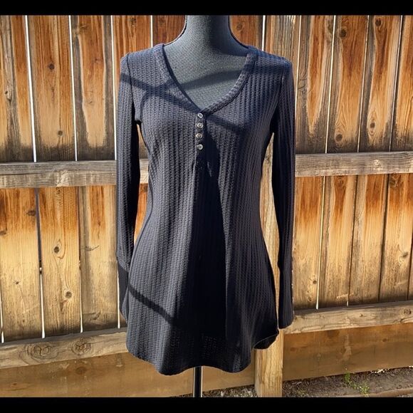 Chaser top Henley waffle long sleeve black solid Sz Small FIRM on PRICE - Picture 1 of 5